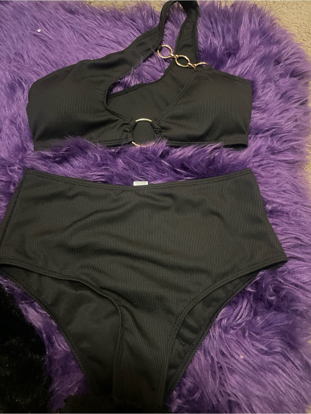 Black Ribbed High-Waist Bikini Set with Ring Detail - small